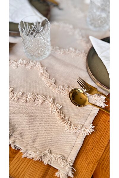 EVYA Beige Color Punch Embroidered Runner - 40X110 cm Washable, Table, Table, Living Room, Kitchen, American Service