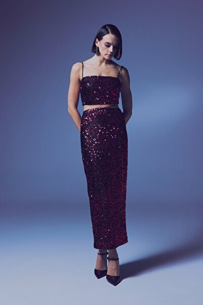 Sateen Payetli Kalem Etek - Bordo