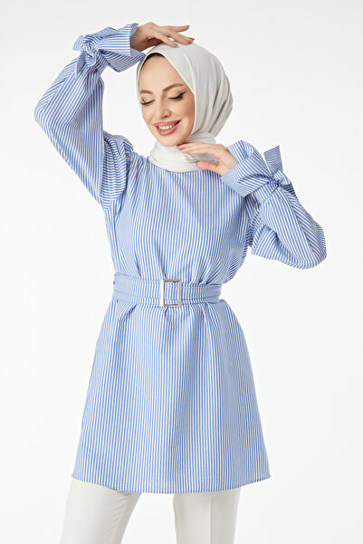 TOFİSA Blue Striped Belted Women's Tunic - Crew Neck - 24514