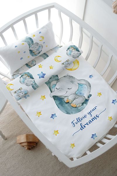 Tuğba Kuğu Baby Series Park Bed Duvet Cover Set - Blue Elephant Sleeping in a 80X120 Hose