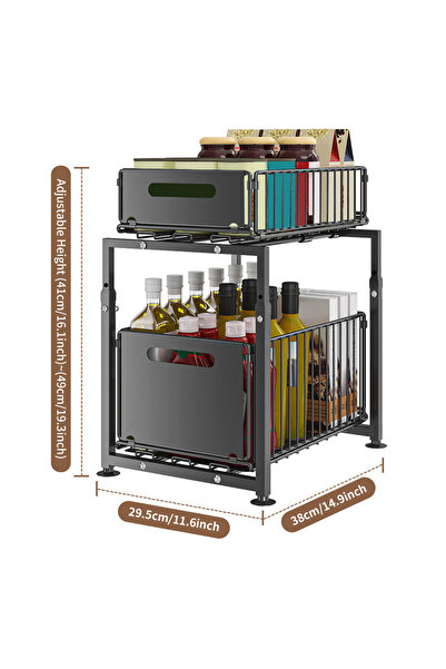 Choice رف تخزين أسود من طبقتين، قطعة واحدة، قابل للسحب، سلة تخزين قابلة للسحب...