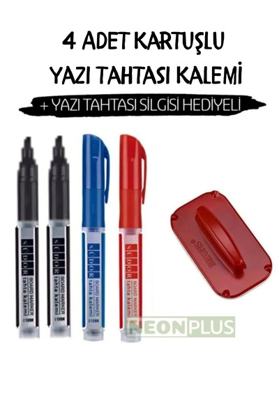 NEON PLUS Kartuşlu Beyaz Tahta Kalemi 4 Lü Set 2 Siyah 1 Kırmızı 1 Mavi Ve Ta...