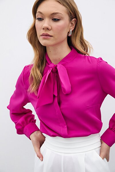 Sateen Yakası Bağlamalı Düz Gömlek - Fuşya