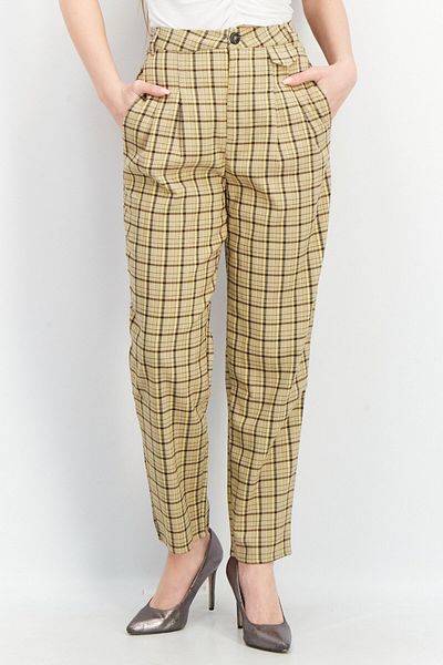 Reclaimed Vintage Women Regular Fit Checkered Trouser Pants, Beige Combo