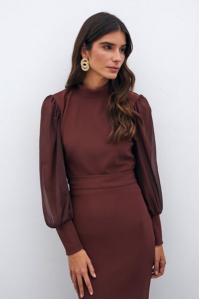 Sateen Brown Stand Collar Chiffon Blouse - Chiffon Sleeve Detail