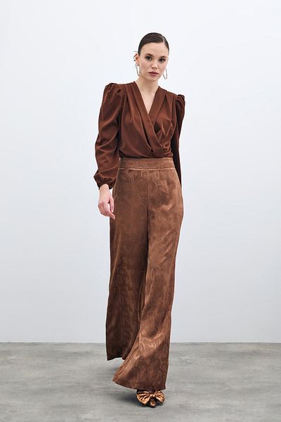 Sateen Jacquard Casual Trousers - Brown