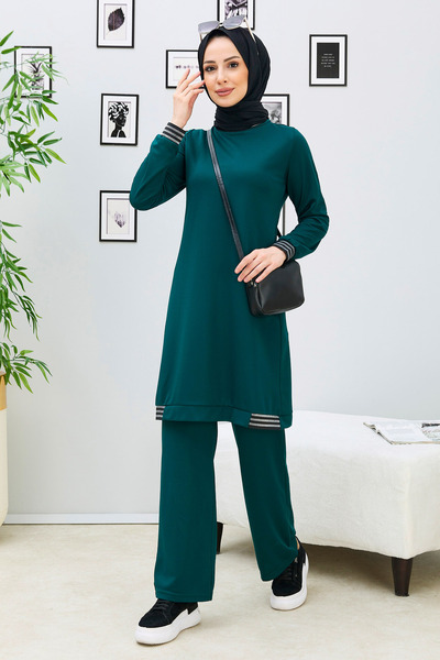 TOFİSA Straight Crew Neck Women's Green Tunic Pants - 11352