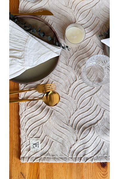 EVYA Elegan Beige Punch Embroidered Runner - 40x110 cm, Σετ επιτραπέζια και κουζίνα που πλένονται
