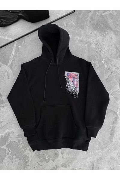 Store Hanorac Uzun Kol Kapüşonlu Ön Ve Arka Baskılı - Siyah