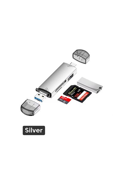 Choice قارئ بطاقات فلاش يو إس بي 3.0 متعدد الوظائف 6 في 1 فضي من النوع C/micro USB/tf/sd