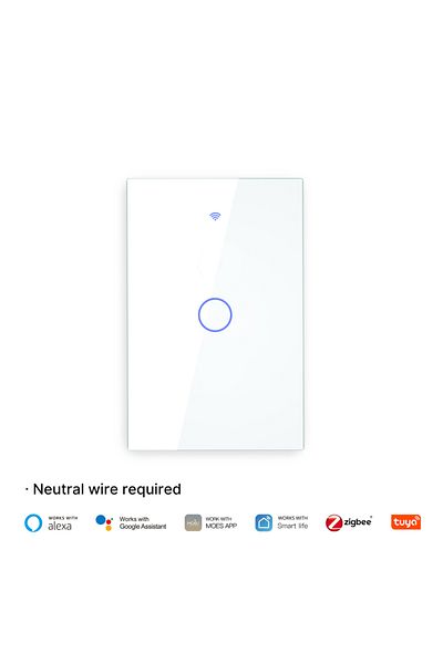 MOES 1 Gang White Tuya Zigbee Light Switch Touch Glass Panel Fireproof Neutral Wire Required Remote