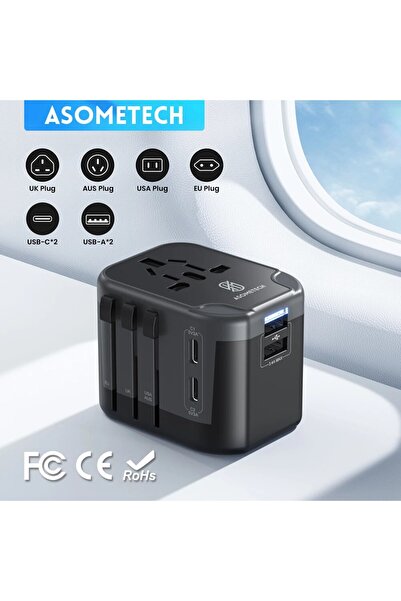 Choice1 محول سفر دولي ASOMETECH باللون الأسود الفضي مزود بمنفذين USB ومنفذين ...
