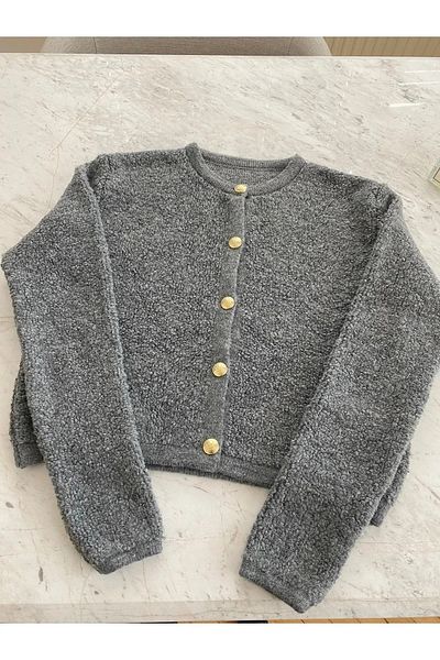 Puella Anthracite Crew Neck Gold Button Teddy Plush Soft Knitwear Cardigan