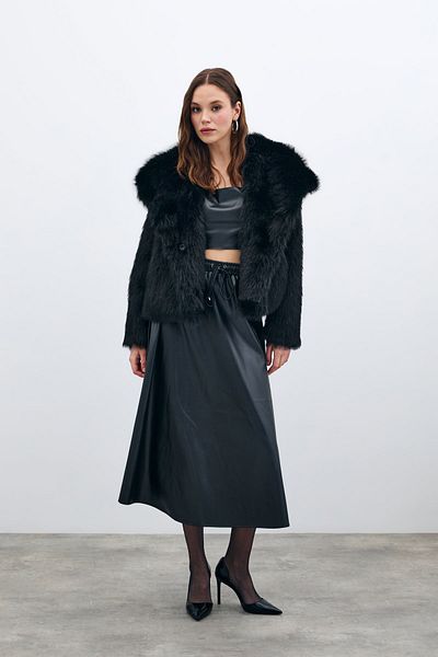 Sateen Black Leather Skirt - Elastic Waist