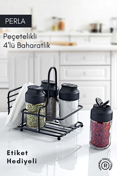 GRİMOR Life Perla Set of 4 - Glass Spice Bowl, Double Lid Salt Shaker and Pepper Shakers Napkin Holder