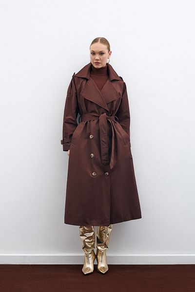 Sateen Long Coffee Color Belted Trench Coat