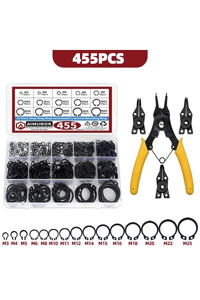 Choice 455pcs And Plier 455pcs Assortment Kit Steel Retaining Clip Snap C Type Internal Circlip Pliers Set