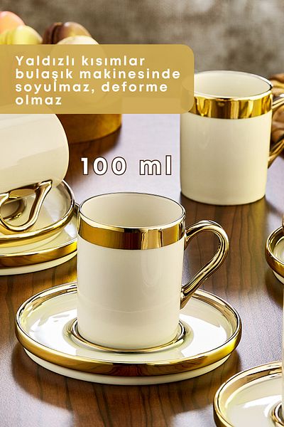 GRİMOR Life 6-Person Gold Gilded Porcelain Cup Set - 12 Piece Turkish Coffee Set, 100ml Coffee Cup