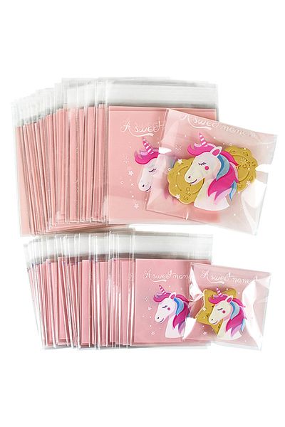 Choice 100pcs Pink Unicorn Candy Bag Baking Cookies Gifts Packaging Self-sealing Plastic Bags For Unicor...