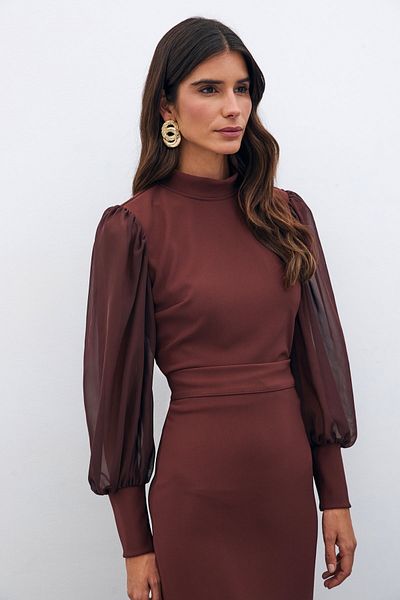Sateen Brown Stand Collar Chiffon Blouse - Chiffon Sleeve Detail