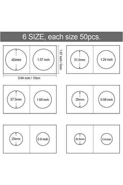 Choice Aech-18629 300 Pcs 6 Sizes White Cardboard Coin Holder 20 23 25 27 31 40mm Coin Flip Flip Mega Assor