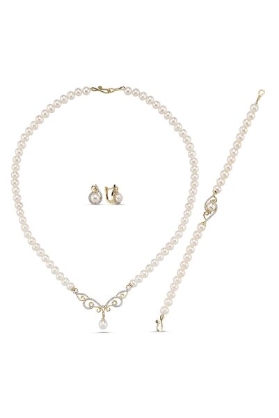 Birinci1926 14 Ayar Altın 7 Mm Taşlı Doğal Inci Kolye Bileklik Yüzük Üçlü Set