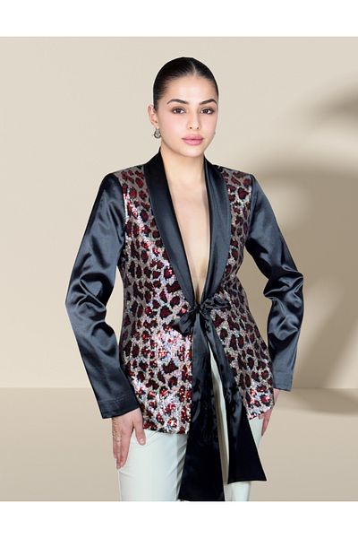 Michelle COCO Jachetă Blazer de damă cu model leopard cu șireturi în față