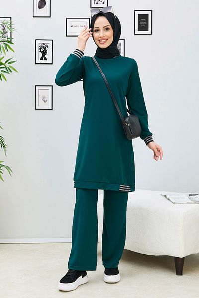 TOFİSA Straight Crew Neck Women's Green Tunic Pants - 11352