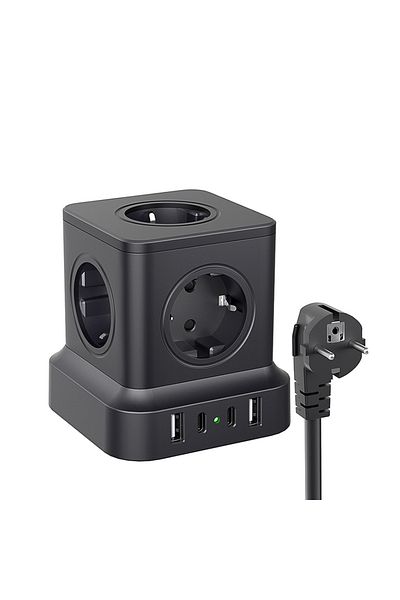 Choice 110-250v Eu 5 Black European Tower Desktop Power Strip With 5 Ac Outlets And 2 Usb-a 2 Usb-c Port Po
