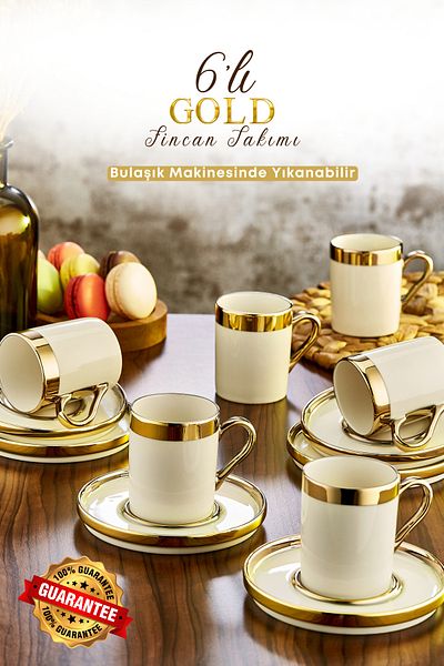 GRİMOR Life 6-Person Gold Gilded Porcelain Cup Set - 12 Piece Turkish Coffee Set, 100ml Coffee Cup