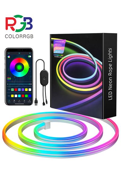 aiopp 5m RGB Led Neon RGB Rope Light - 10M RGB Flexible Lights Strip Gaming Light Music Sync Neon Strip Li