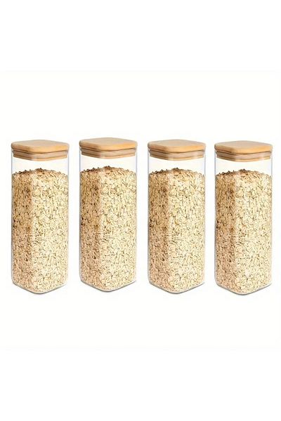 Choice 4pack-1000ml 2/4 Pieces, 540ml/1000ml Glass Food Storage Jar With Bamboo Lid, Transparent Square Sea