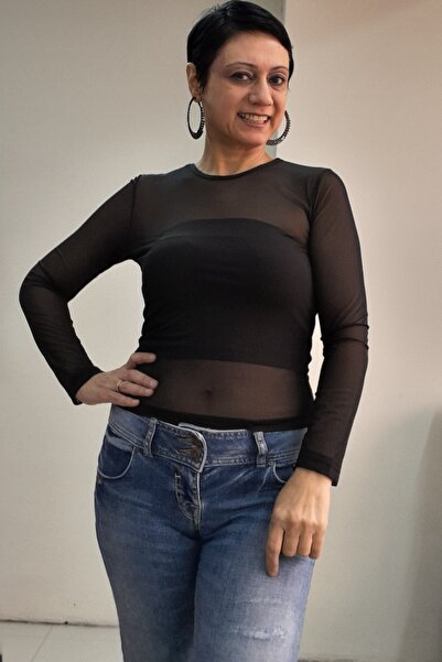 Mertcan Butik Black Crew Neck Long Sleeve Tulle Blouse T-Shirt