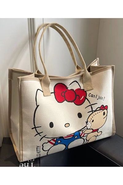 SANRIO KT canvas tote bag Hello Kitty Canvas Bag Sanrio Tote Bag Shoulder Storage Makeup Pouch Anime Handba