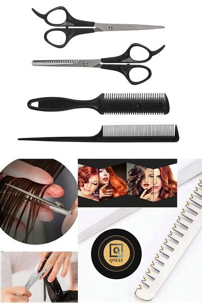 QNİAY 4 Pieces Crepe Comb Scissors Set - Intermediate Scissors, Flat Scissors, Razor Comb, Crepe Comb