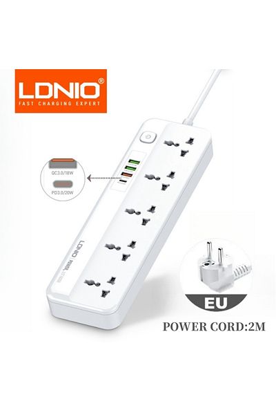 Choice شريط طاقة Ldnio بطول 2 متر مع 4 منافذ USB وكابل تمديد بطول 2 متر ومرشح شبكة وشحن سريع USB