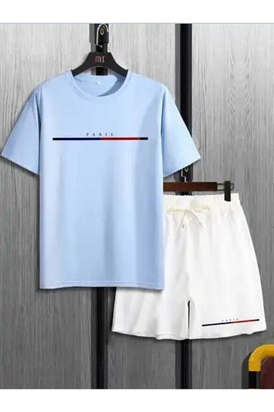 Sky Light Unisex Baby Blue Paris Printed T-Shirt White Shorts