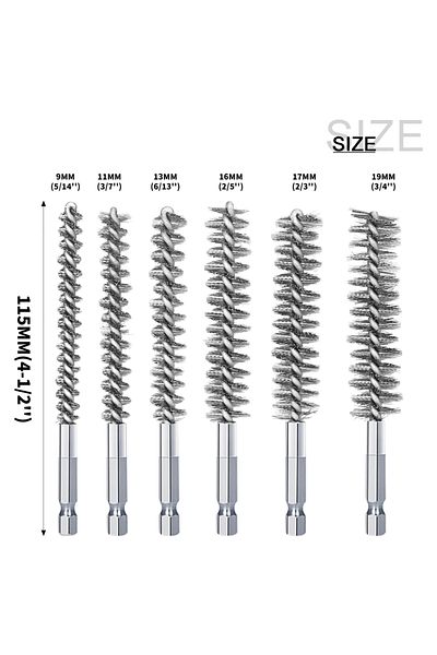 SI FANG 6pcs Mix Set Wire Brush Drill Bore Cleaning Brush 1/4 " Hexagonal Handle Stainless Steel Brush For A