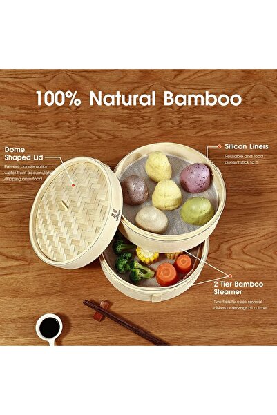 Choice4 قدر بخار مصنوع يدويًا من بامبو، 4 بوصات، 3 طبقات مع غطاء، سلة بخار فا...