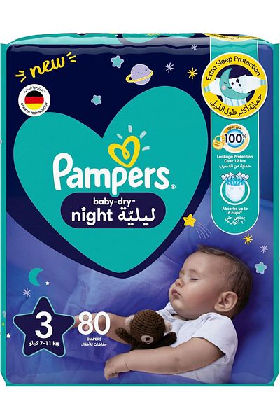 Pampers Baby-Dry Night Diapers for Extra Sleep Protection, Size 3, 7-11Kg, 80 Diaper Count