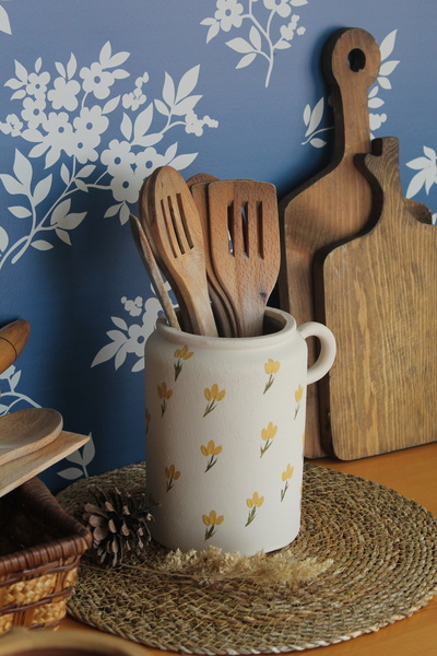 Mogolune Tek Kulplu Çömlek El Yapımı Çiçek Desenli Vazo-Kaşıklık