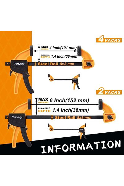 TOLESA 4 Inch And 6 Inch 6pcs Bar Clamps For Woodworking 4" (4) & 6" (2) One-handed Clamp/spreader W