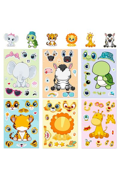 Choice 6pcs animal face changing stickers cartoon cute little animal giraffe turtle tiger DIY facechangi...