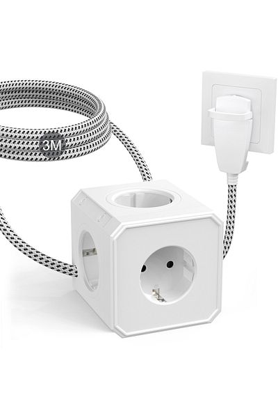 Choice 250v Eu 5 White Eu Multi-plug Power Strip 5 Ac Power Sockets 3m Braided Cord With Pull Tab Flat Plug