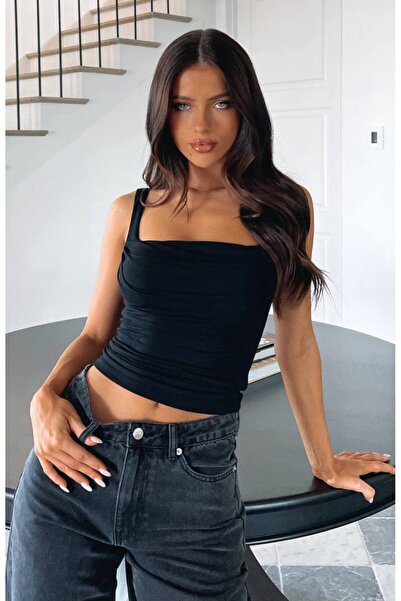 SEVENLINE Γυναικεία μπλούζα με τετράγωνο γιακά μπροστά Shirred Crop