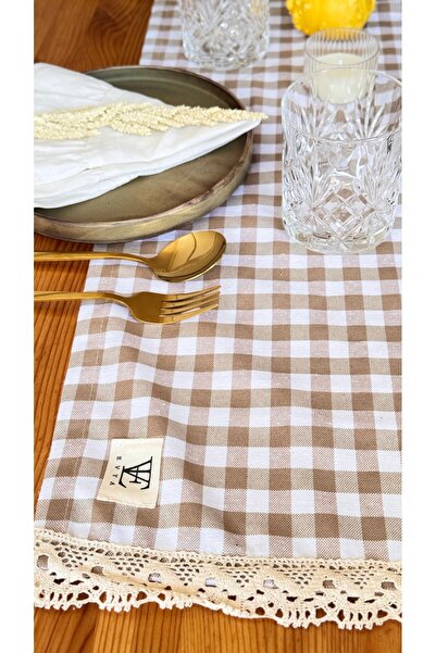 EVYA Gingham Duck Linen Runner - 40X110 cm Vintage American Service, Cotton Lace Dining Table and Kitchen