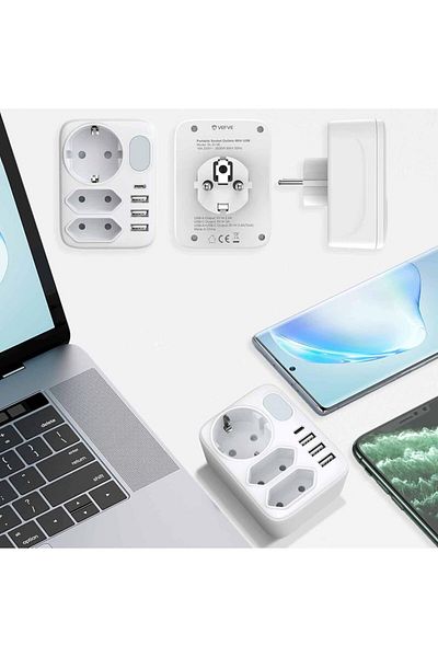 Choice 3 مقابس كهربائية متعددة 8 في 1 بيضاء اللون وموسعة لشاحن USB مع ضوء ليلي ومنفذ كهربائي
