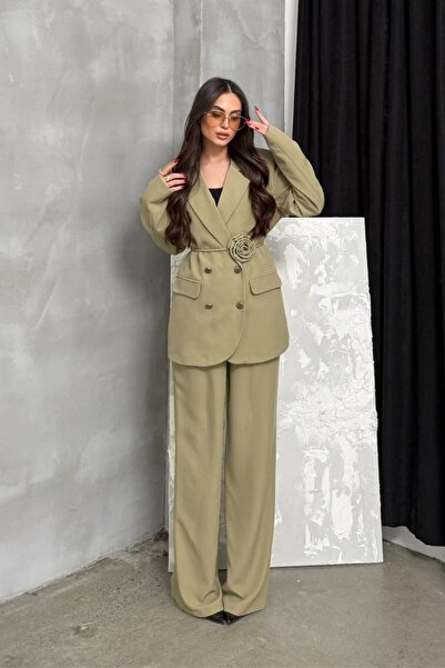 msm fashion Women's Double Blazer Jacket Pants Suit Accessory and Button Detailed Wide Leg