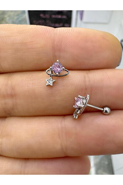 Arescollection pembe zirkon taşlı 1 adet tragus helix lobe conch flat uyumlu piercing küpe