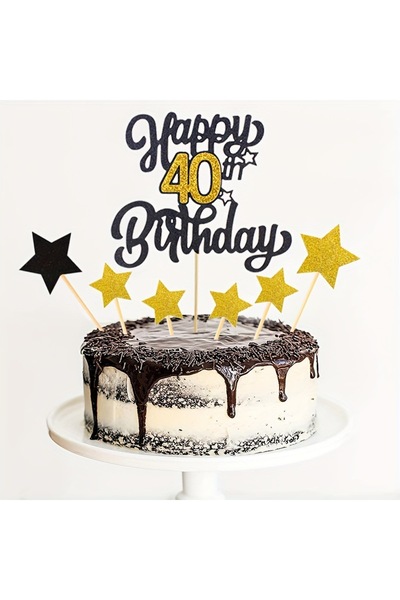 Choice 40 years old 7pc/lot，Black Golden Number Happy Birthday Cake Topper, 3...